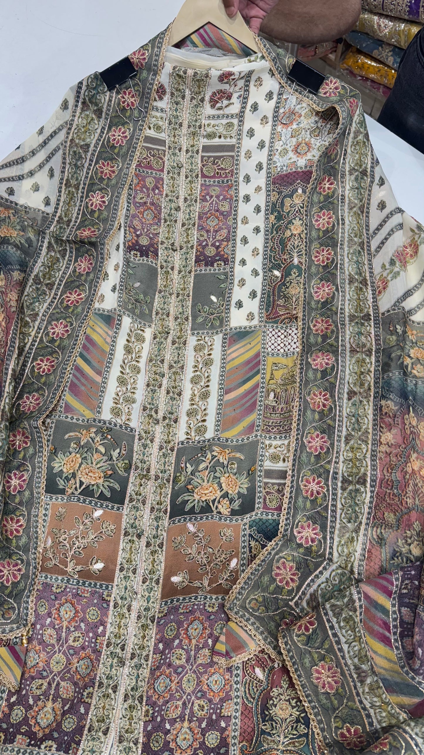 Unstitched Pakistani Pure Crepe Achkan Style Printed & Zari Work Suit with Designer Organza Dupatta & Crepe Bottom