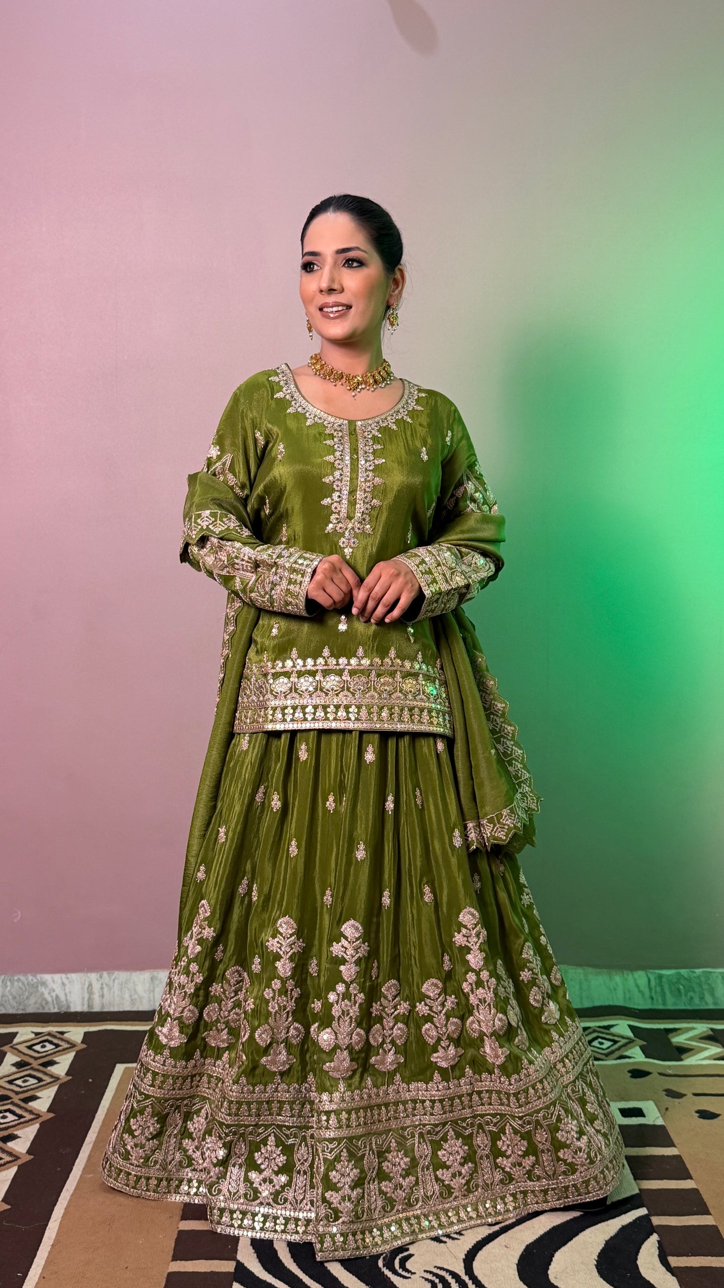 Olive Green Pure Tissue Designer Lehenga Suit with Embroidered Dupatta