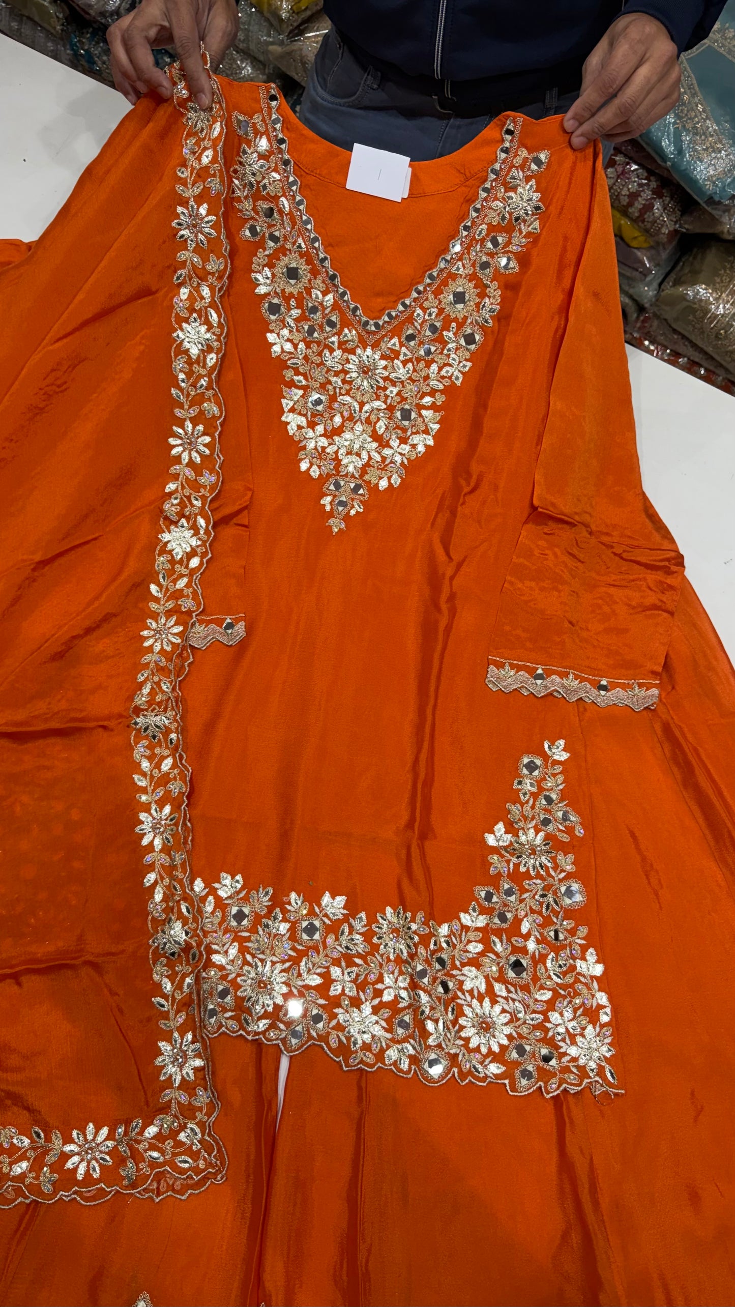 Readymade Chinon Crepe Gotta Patti & Mirror Work Sharara Suit – Free Size (Up to 42” Bust)