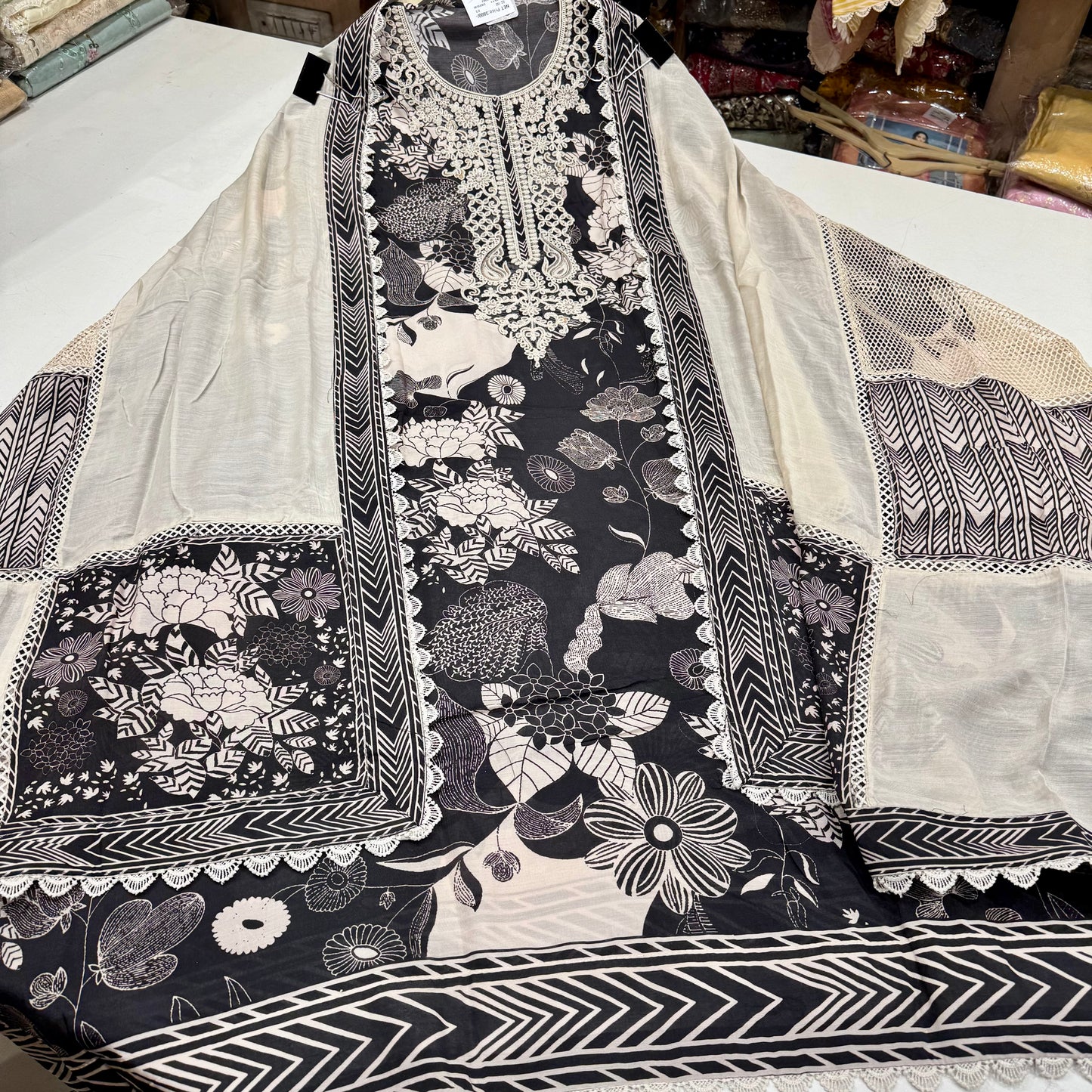 Luxury Muslin Printed Suit with Dori & Sequin Neckline and Designer Patchwork Dupatta