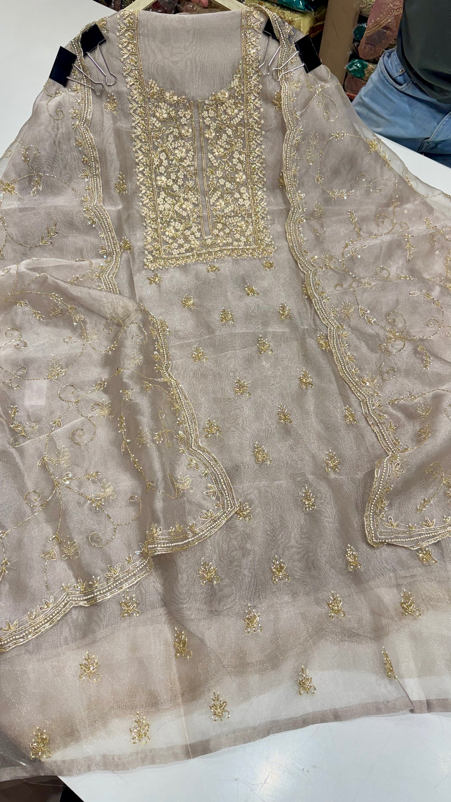 Glass Organza Unstitched Suit with Heavy Zardozi Hand Embroidery