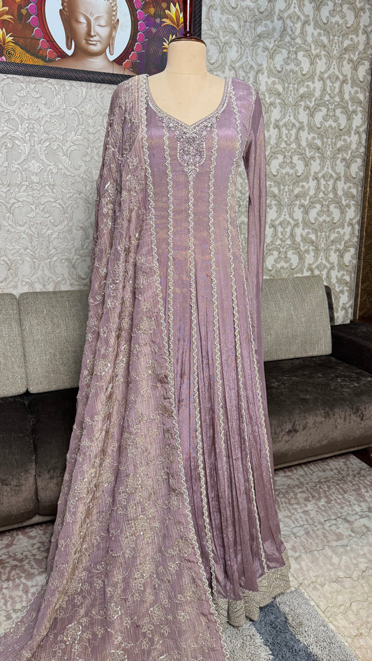 Luxury Readymade Pure Tissue Floor-Length Anarkali with Heavy Jaal Dupatta (Free Size up to 44 Bust)