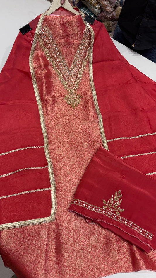 Designer Pure Brocket Silk Unstitched Suit with Zardozi Handwork & Organza Dupatta