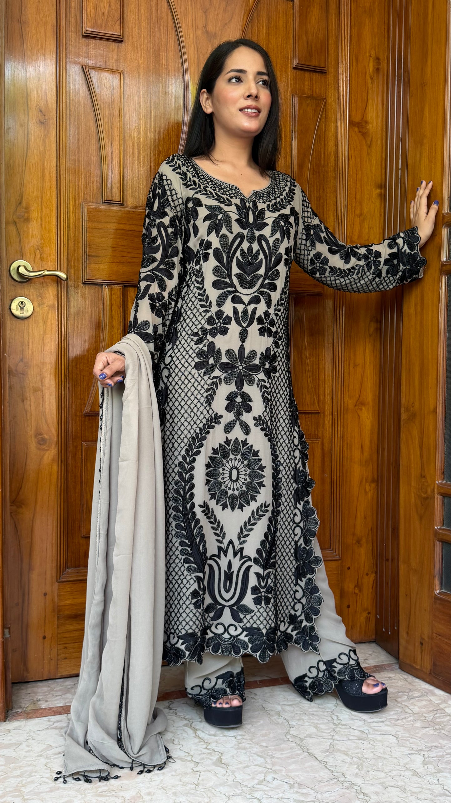 Long Pakistani Georgette Pants Suit with Hand Beads Work