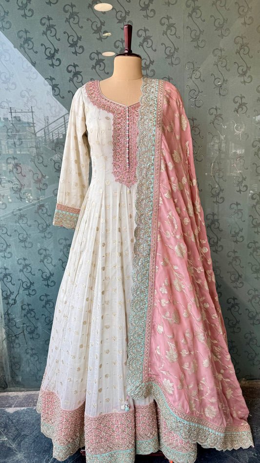 Luxury Pure Tissue Anarkali Set with Heavy Embellished Neckline & Banarasi Dupatta
