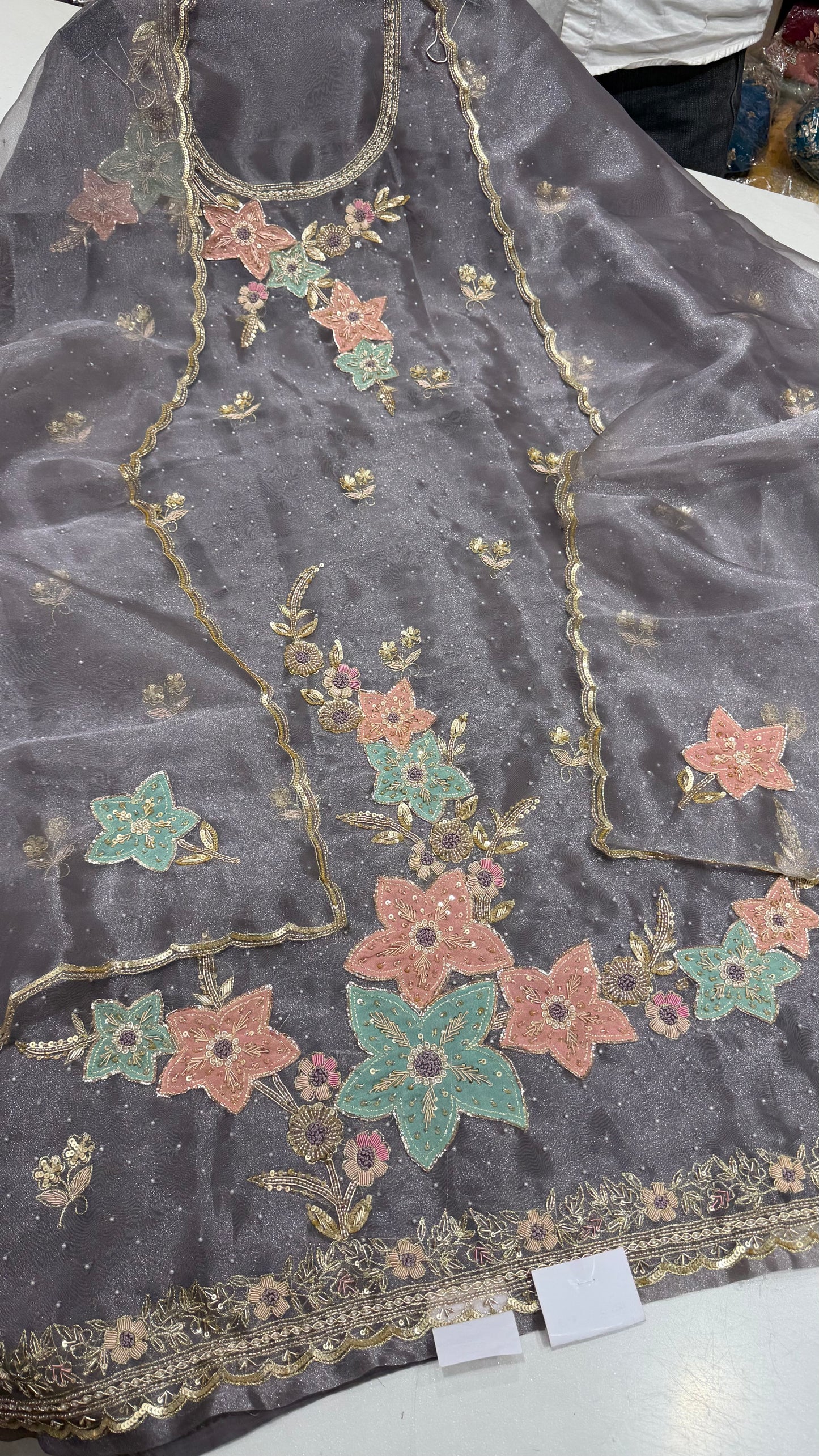 ✨ Luxury Pure Glass Organza Hand-Embroidered Unstitched Suit Set