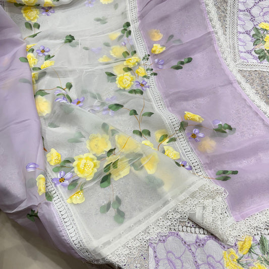 Designer Muslin pakistani suit set with orgenza dupatta