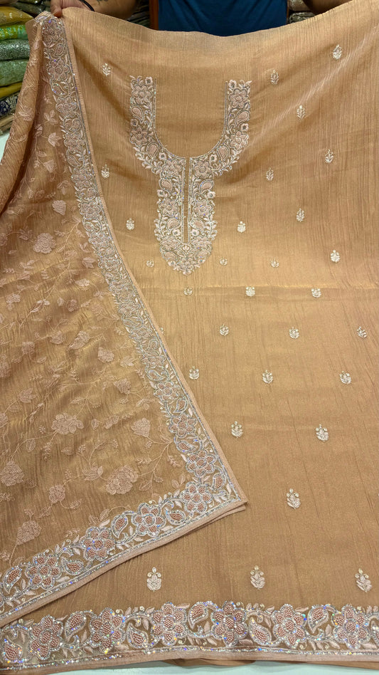 Unstitched Pure Crush Organza Embroidered Pakistani Suit with Heavy Dupatta | Parsi Zari Pearl & Zircon Handwork | Luxury Designer Party Wear