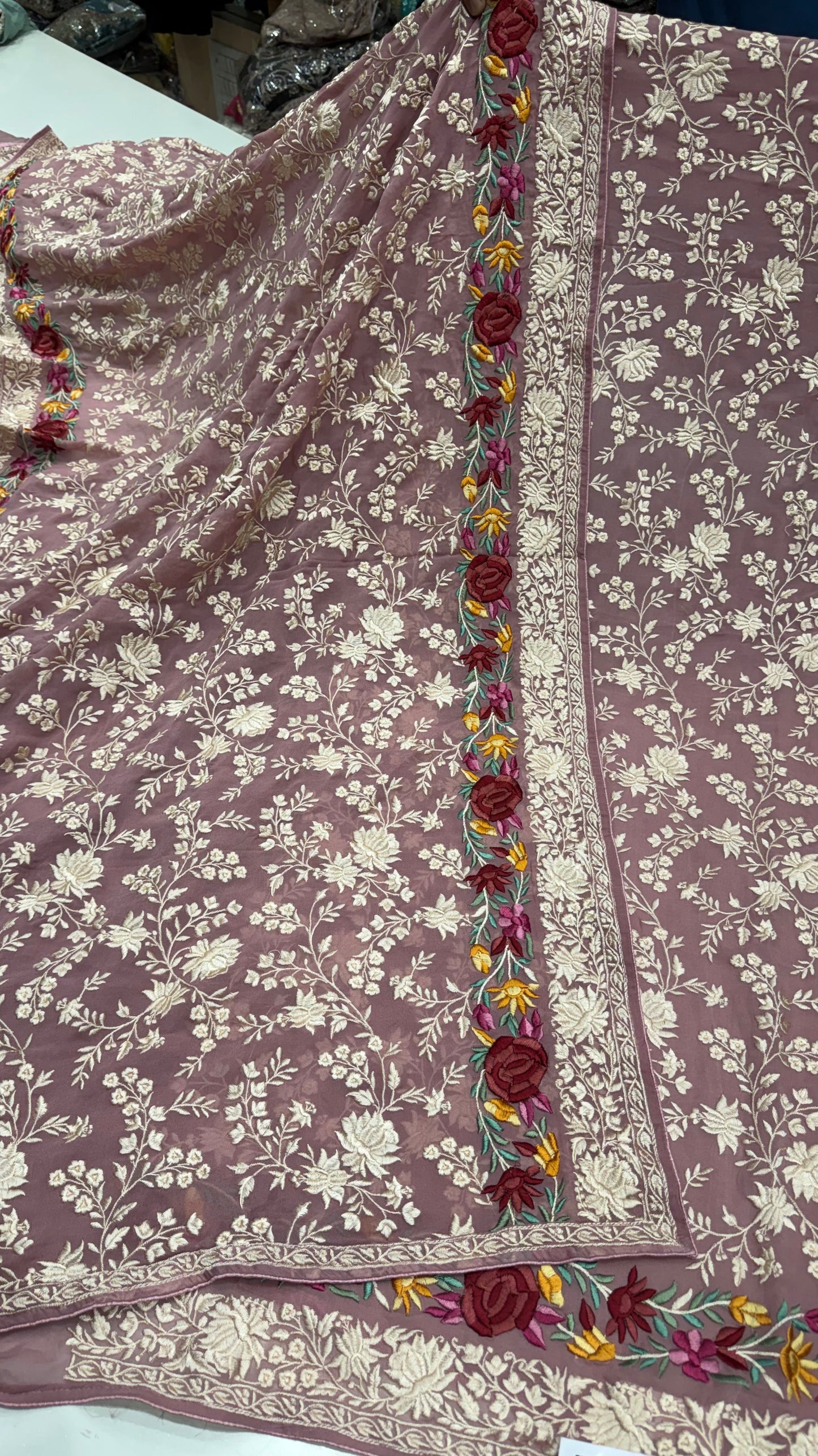 Unstitched Pure Georgette Parsi Embroidered Suit with Heavy Jaal Dupatta | Premium Thread Embroidery | Luxury Designer Party Wear | Opada Silk Bottom