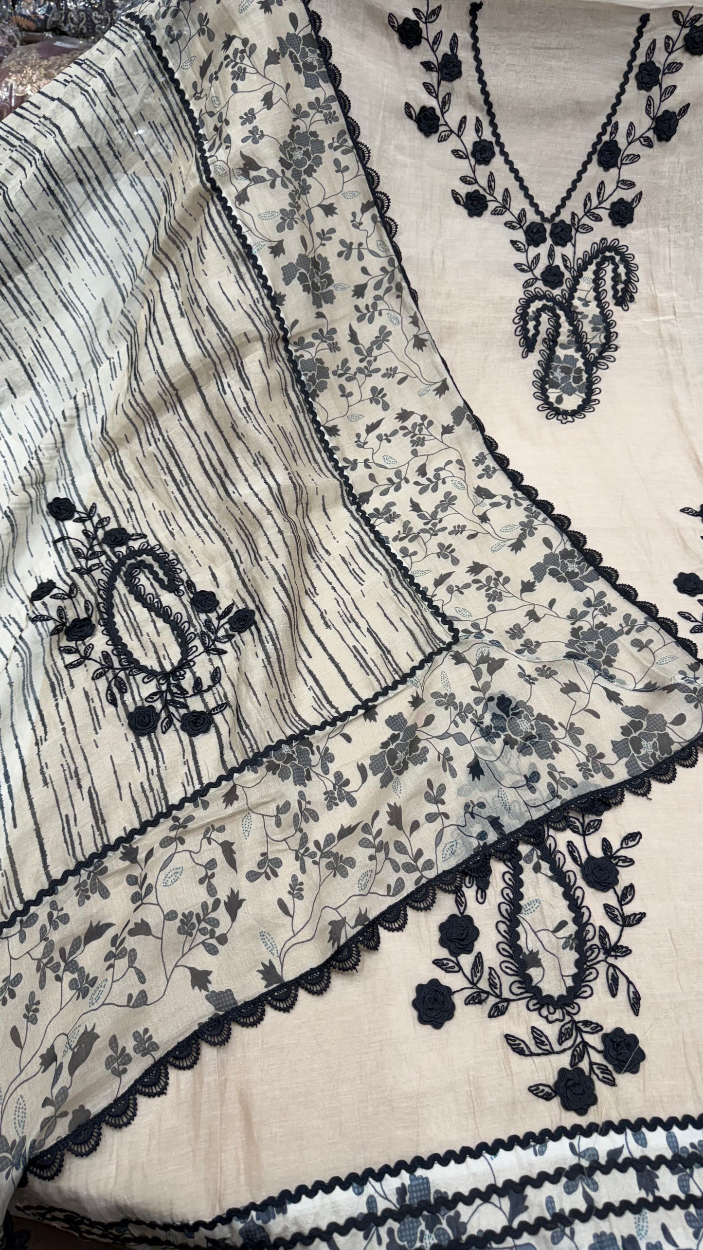 Premium Unstitched Pure Mul Cotton Embroidered Suit with Designer Printed Dupatta | Black Thread & Dori Work | Luxury Summer Cotton Suit
