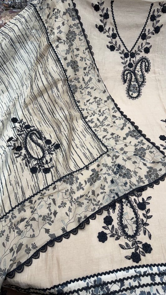 Premium Unstitched Pure Mul Cotton Embroidered Suit with Designer Printed Dupatta | Black Thread & Dori Work | Luxury Summer Cotton Suit