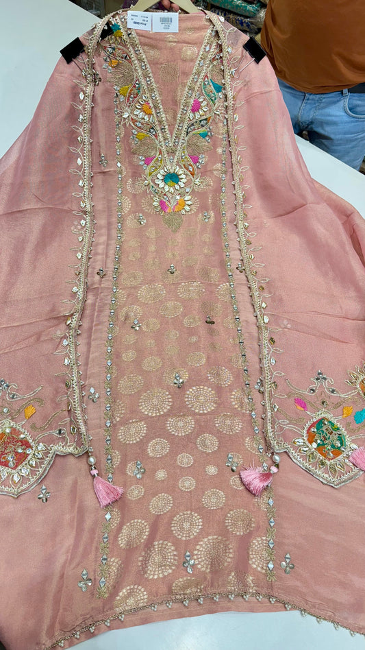 Elegant Pure Banarasi Tissue Unstitched Suit with Hand-Embroidered Gota Patti & Multithread Work