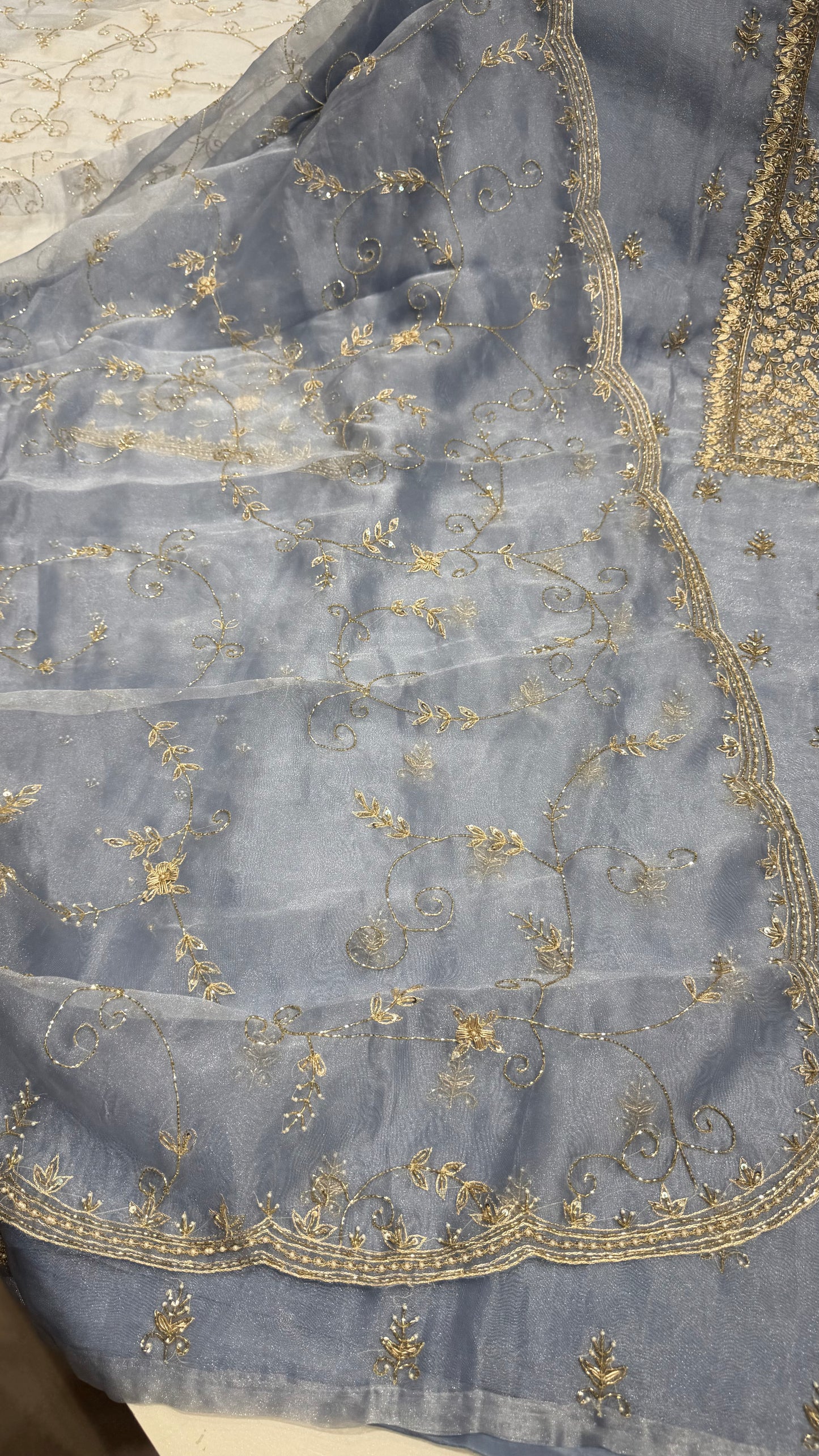 Luxury Unstitched Pure Glass Organza Hand Embroidered Suit with Nakshi, Pearls & Cutdana Work | Premium Designer Wedding & Party Wear Dress Material