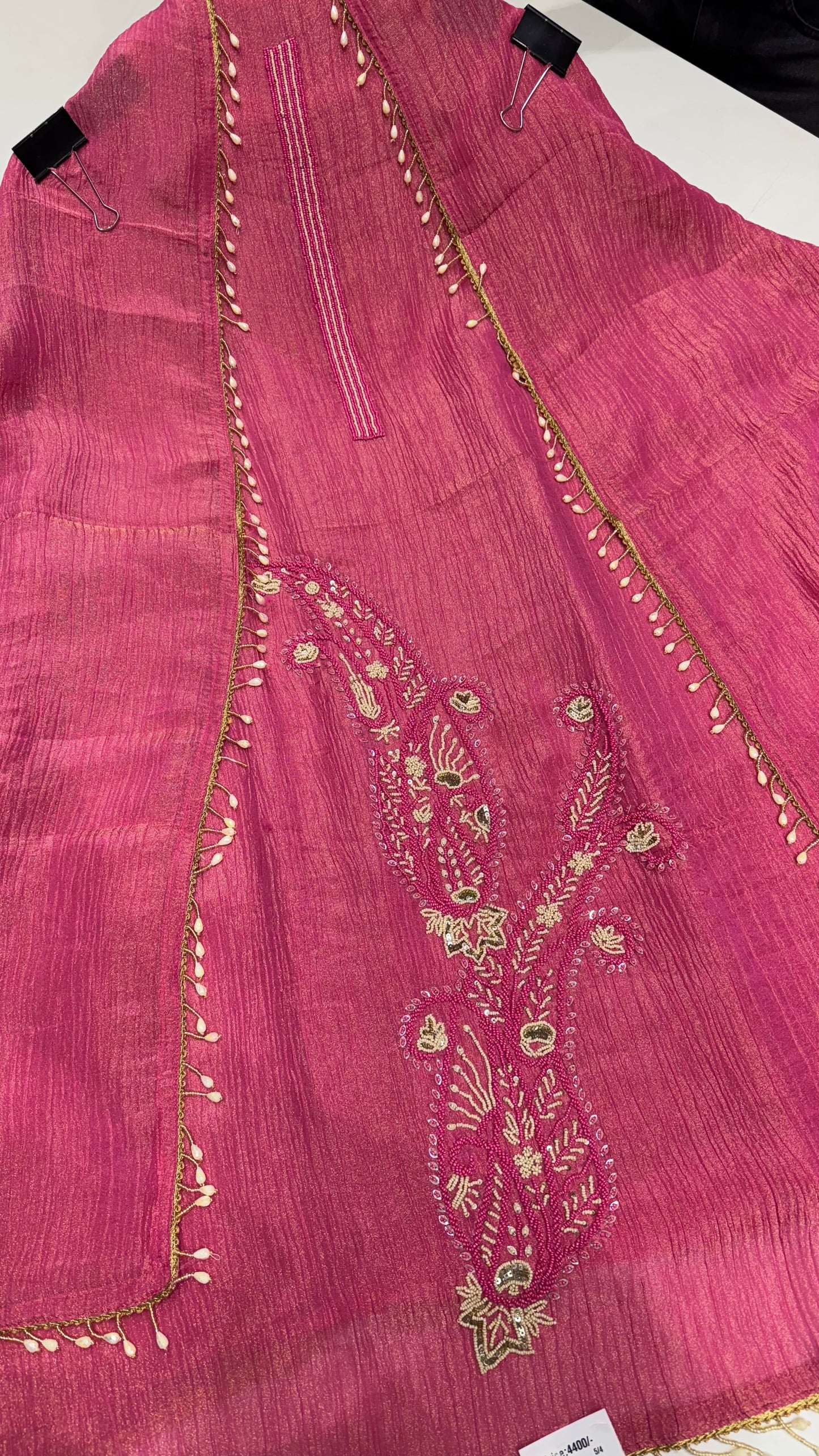 Designer Unstitched Pure Crush Tissue Suit with Hand Embroidery & Pearl Detailing