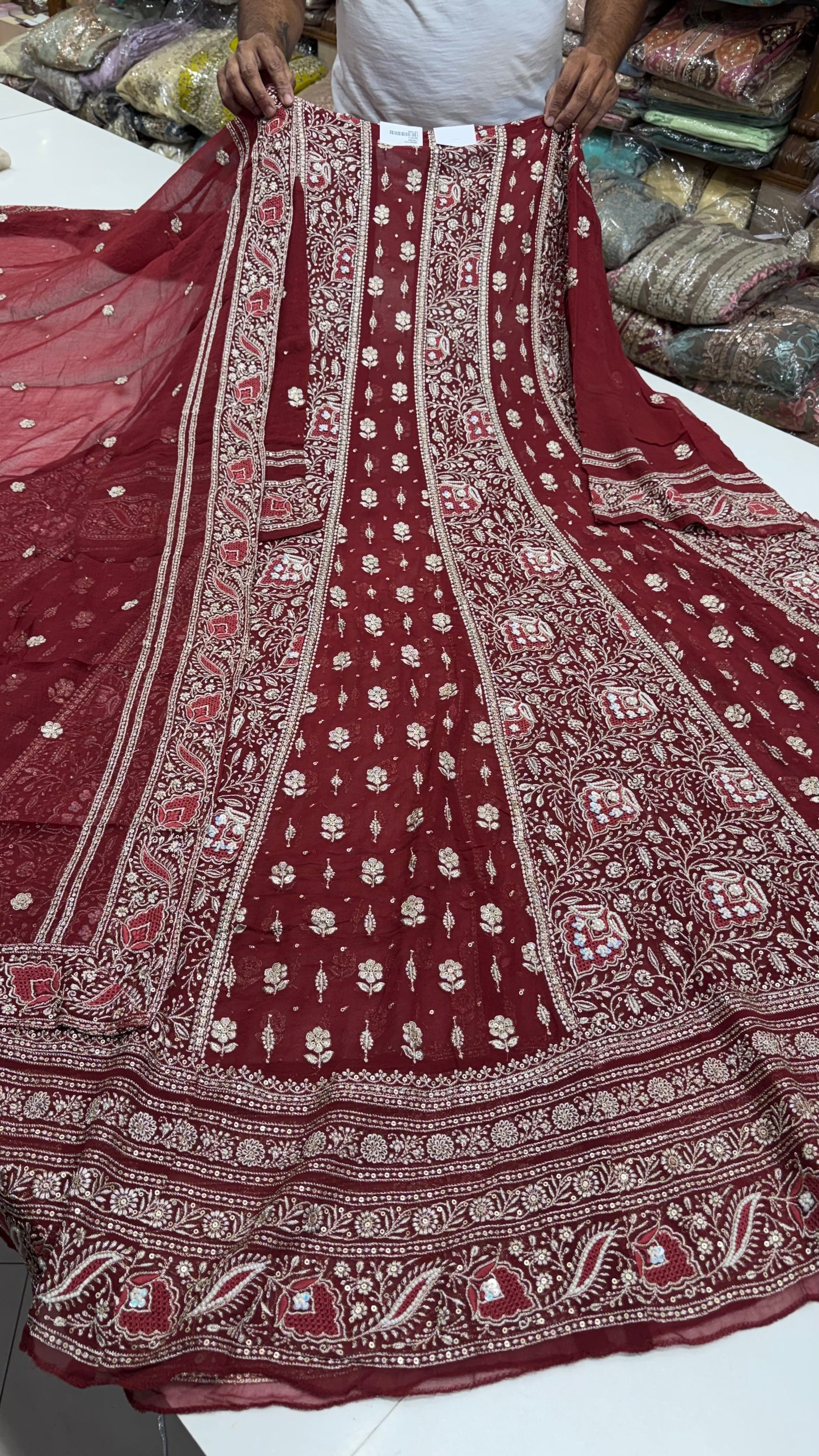 Luxury Unstitched Pure Georgette Zari Lakhnavi Anarkali Suit with Resham, Sequin & Pearl Handwork | Designer Wedding & Party Wear Suit