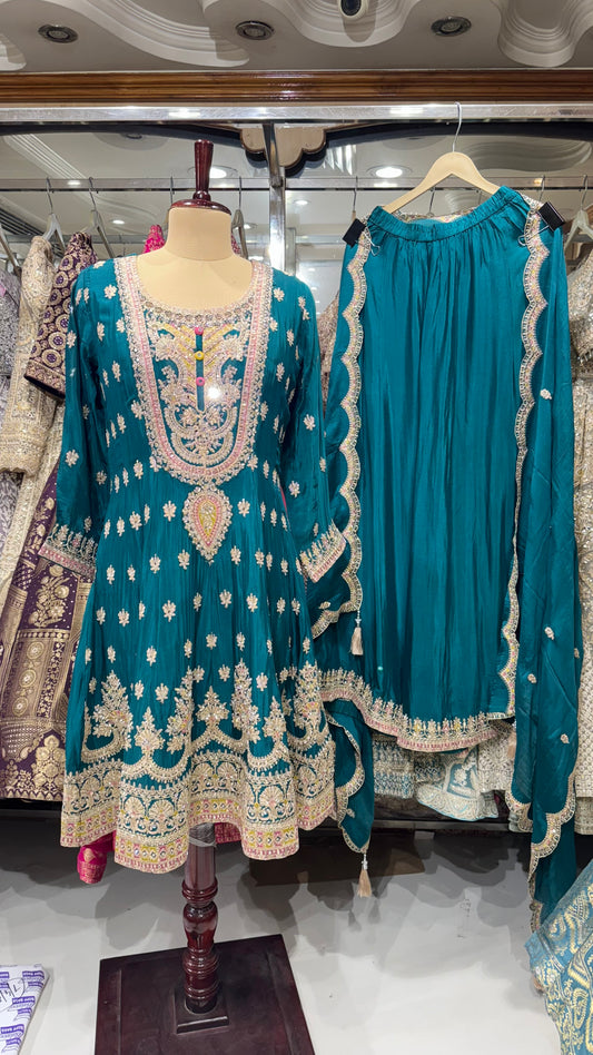 Teal Anarkali Suit with Heavy Embroidery, Sharara Pants & Dupatta – Designer Indian Ethnic Wear for Weddings & Parties