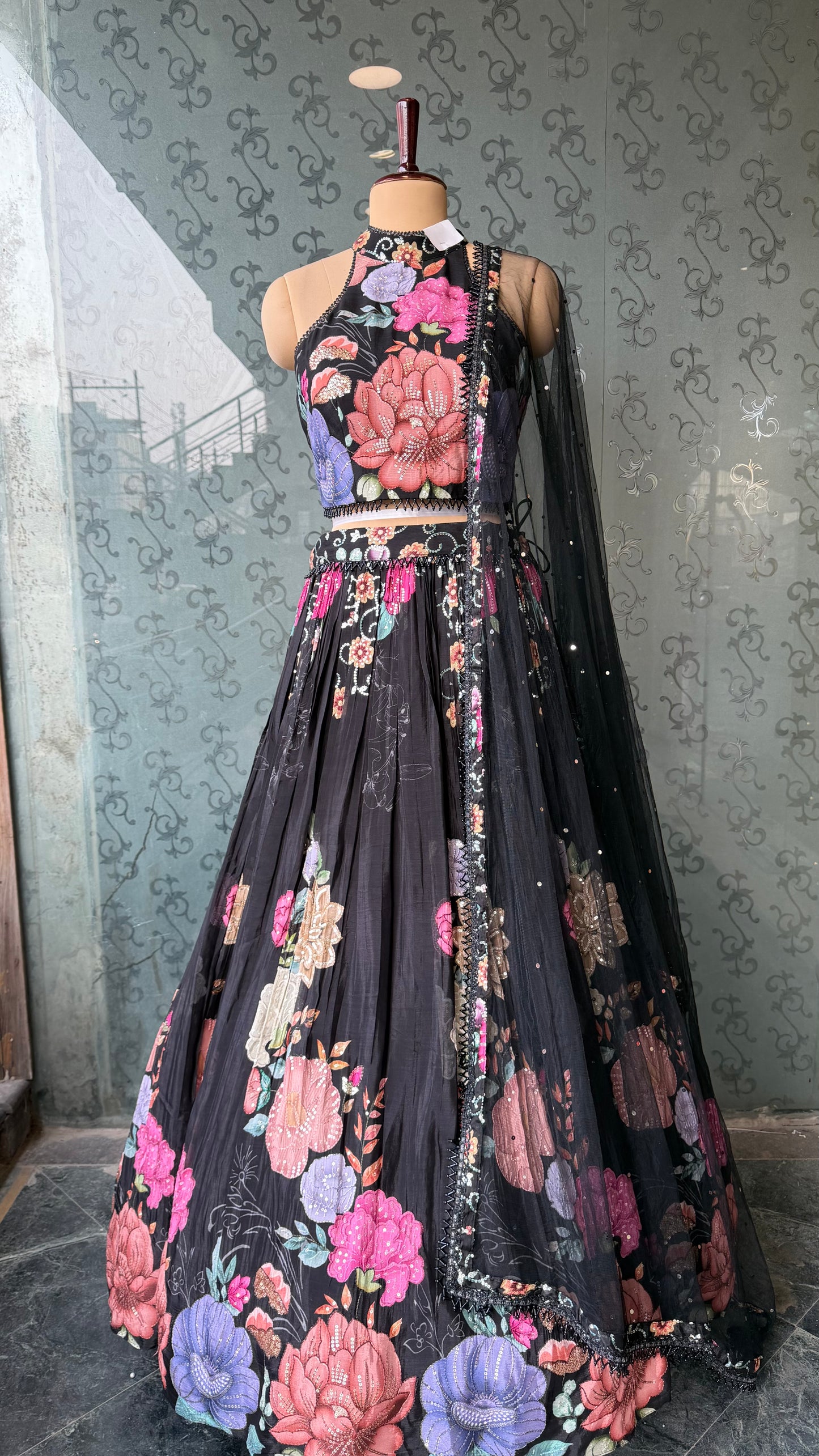 Black Digital Floral Pure Crepe Lehenga Choli with Sequins Highlighting & Net Dupatta – Free Size up to 42 Bust