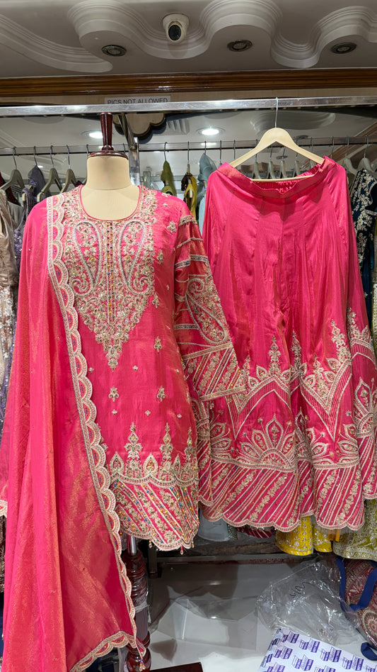 Readymade Pure Tissue Sharara Suit with Heavy Hand Embroidery – Free Size (Up to 44” Bust)