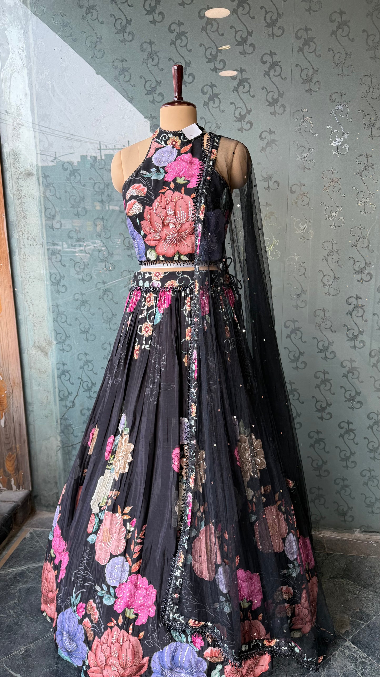 Black Digital Floral Pure Crepe Lehenga Choli with Sequins Highlighting & Net Dupatta – Free Size up to 42 Bust