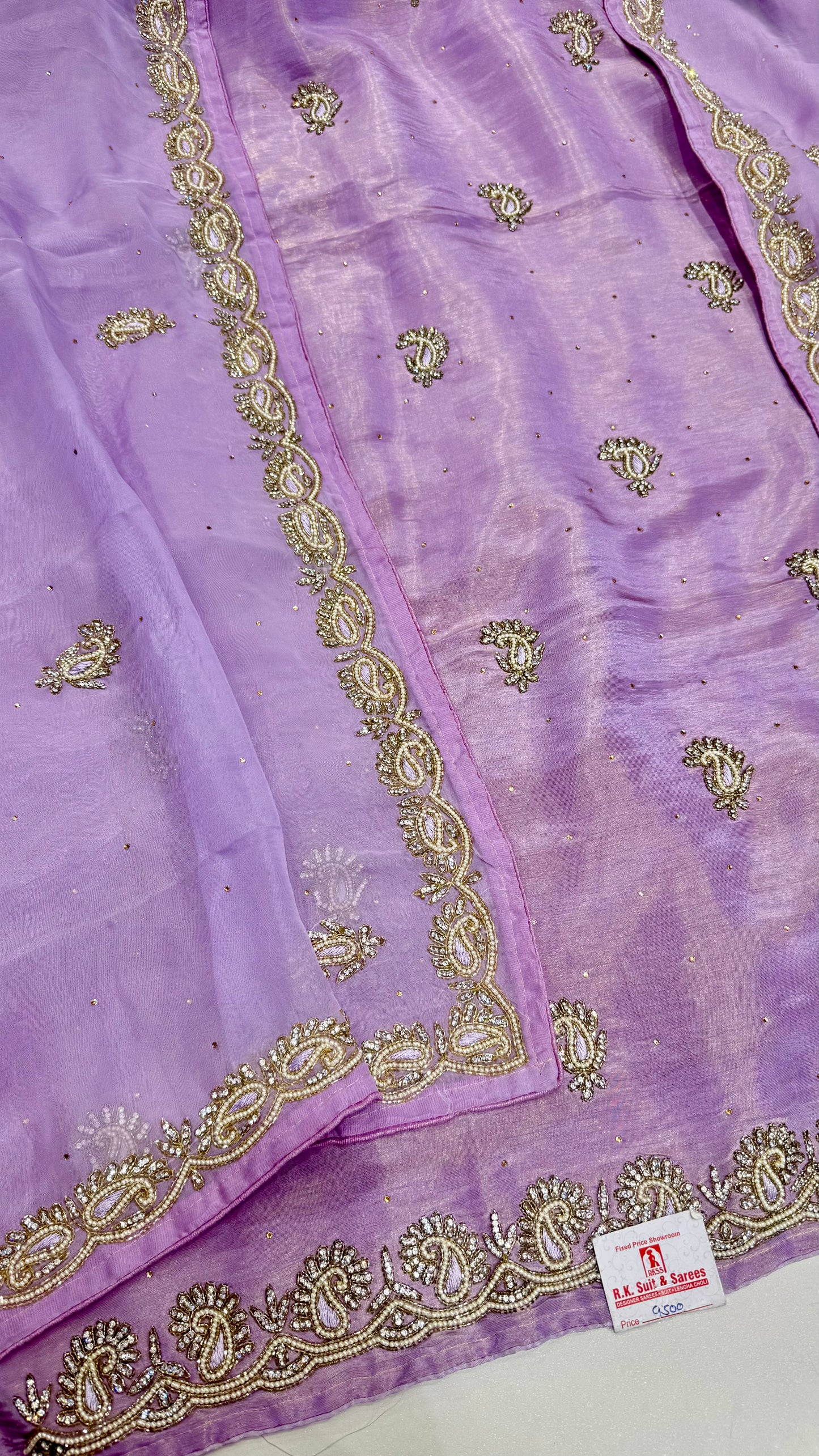 Elegant Hand-Embroidered Pure Tissue Suit with Pearl & Zarkan Detailing