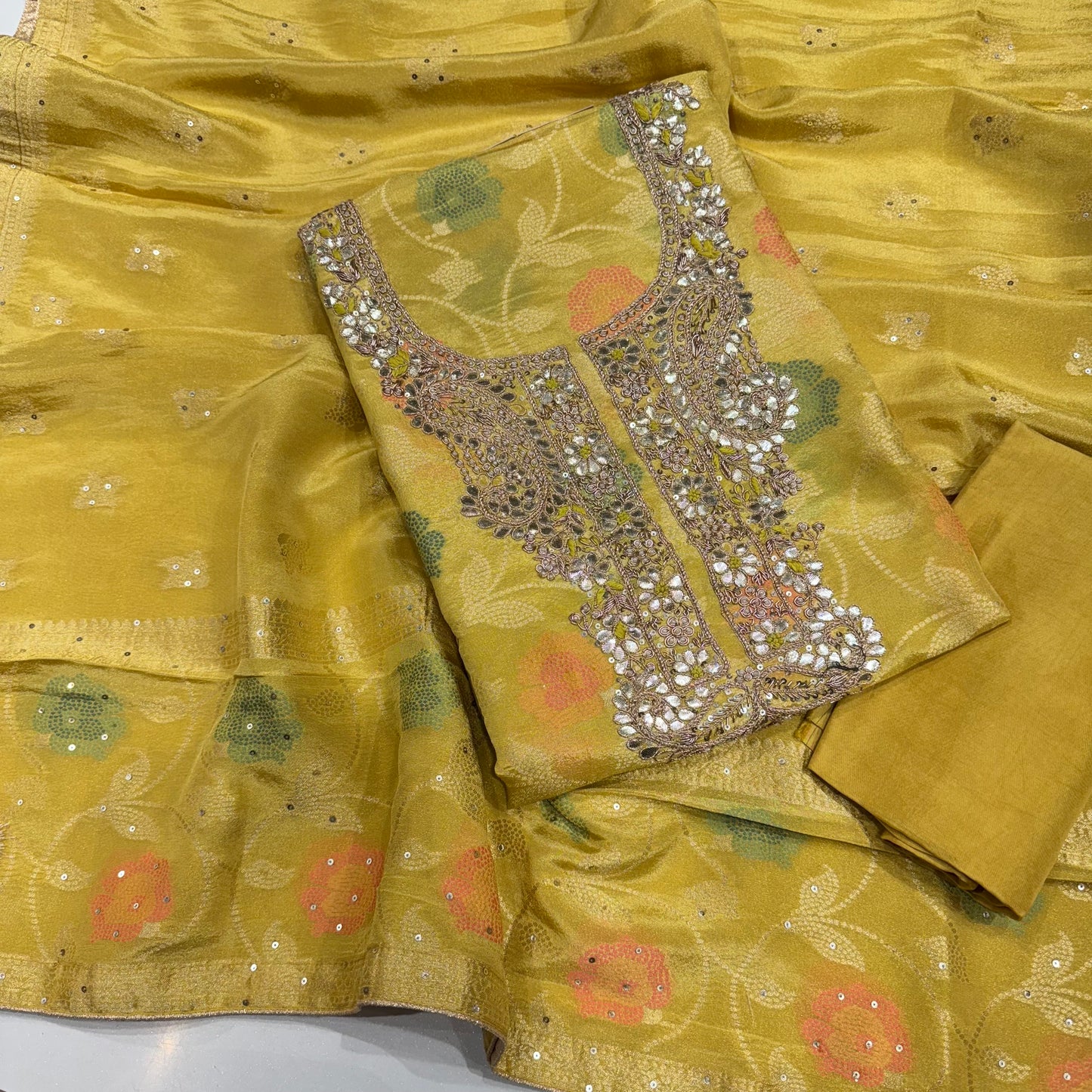 Light yellow banarsi tissue gotta patti handwork neck suit set