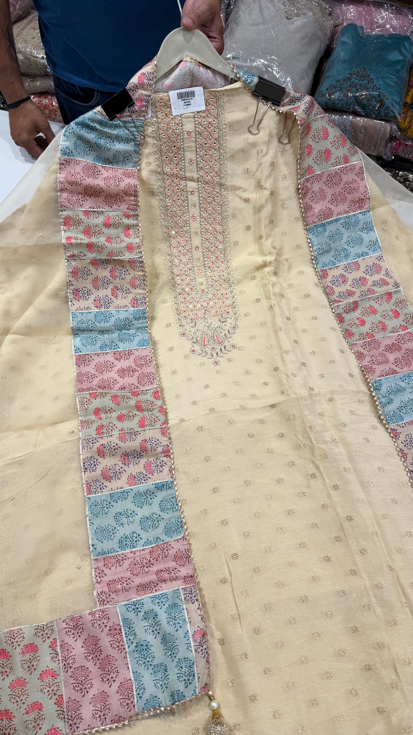 Banarsi silk handwork neckline orgenza dupatta suit set