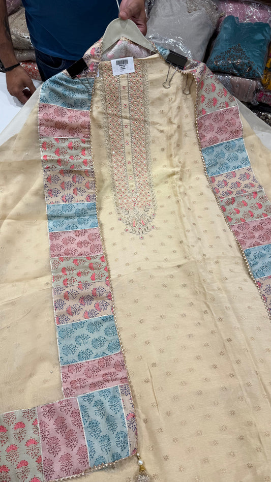 Banarsi silk handwork neckline orgenza dupatta suit set