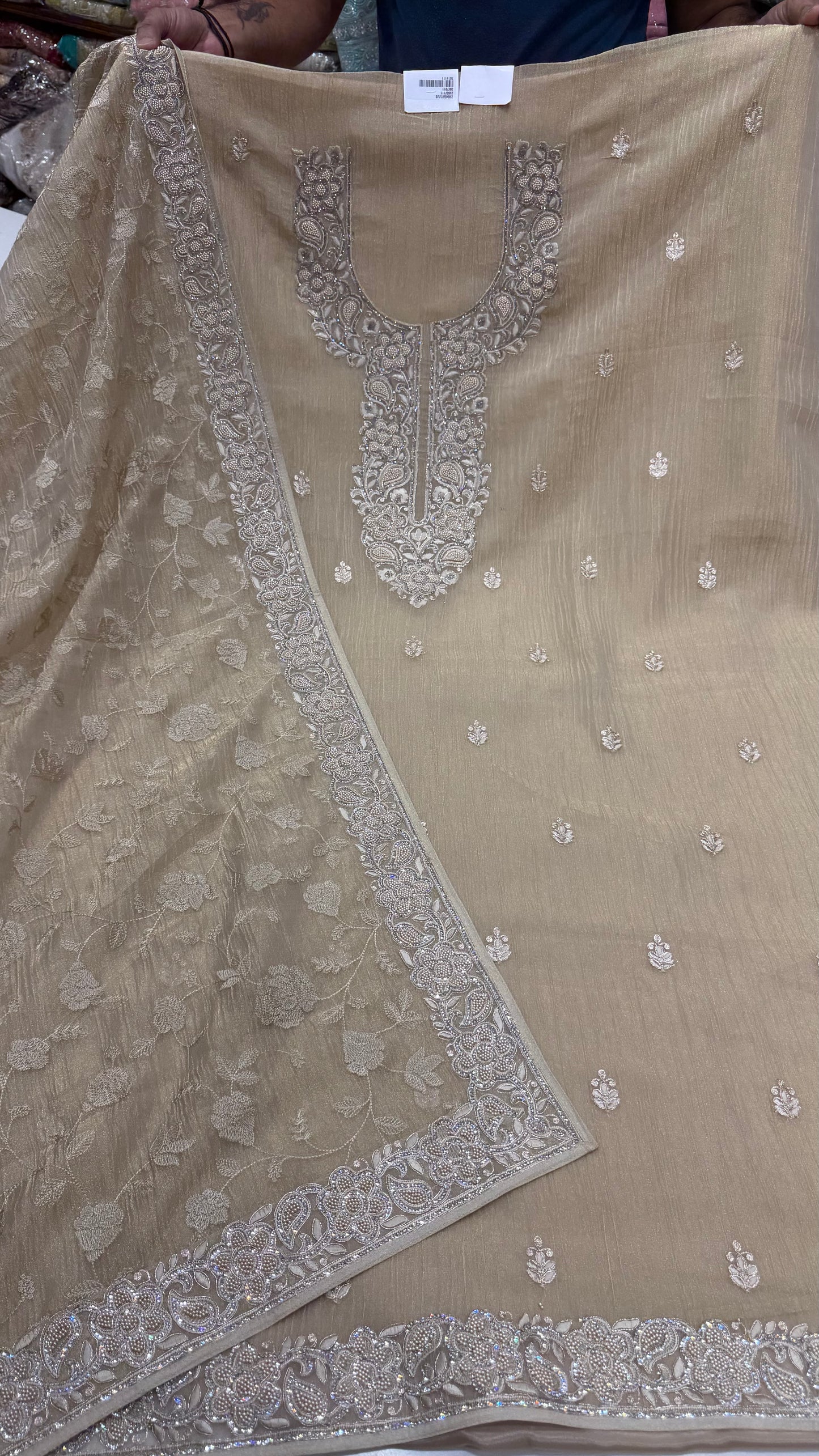 Unstitched Pure Crush Organza Embroidered Pakistani Suit with Heavy Dupatta | Parsi Zari Pearl & Zircon Handwork | Luxury Designer Party Wear