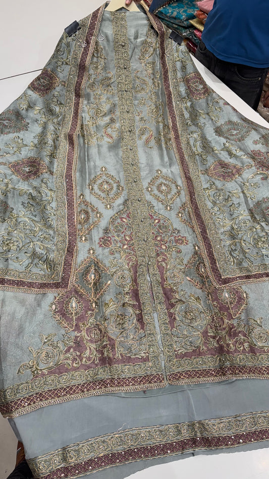 Sabyasachi Inspired Achkan Style Unstitched Suit in Organza Silk