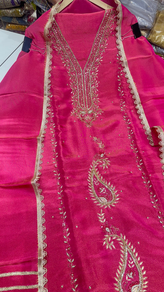 Elegant Hand-Embroidered Tissue Silk Suit with Brocade Bottom & Tissue Dupatta (3-Piece Set)