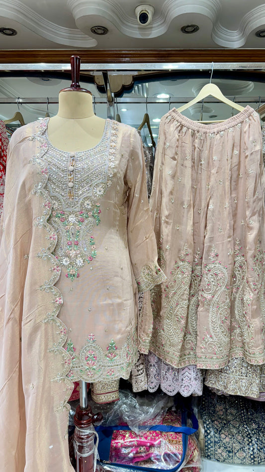 Elegant Readymade Pure Tissue Sharara Suit with Dupatta – Free Size (Up to 44” Bust)