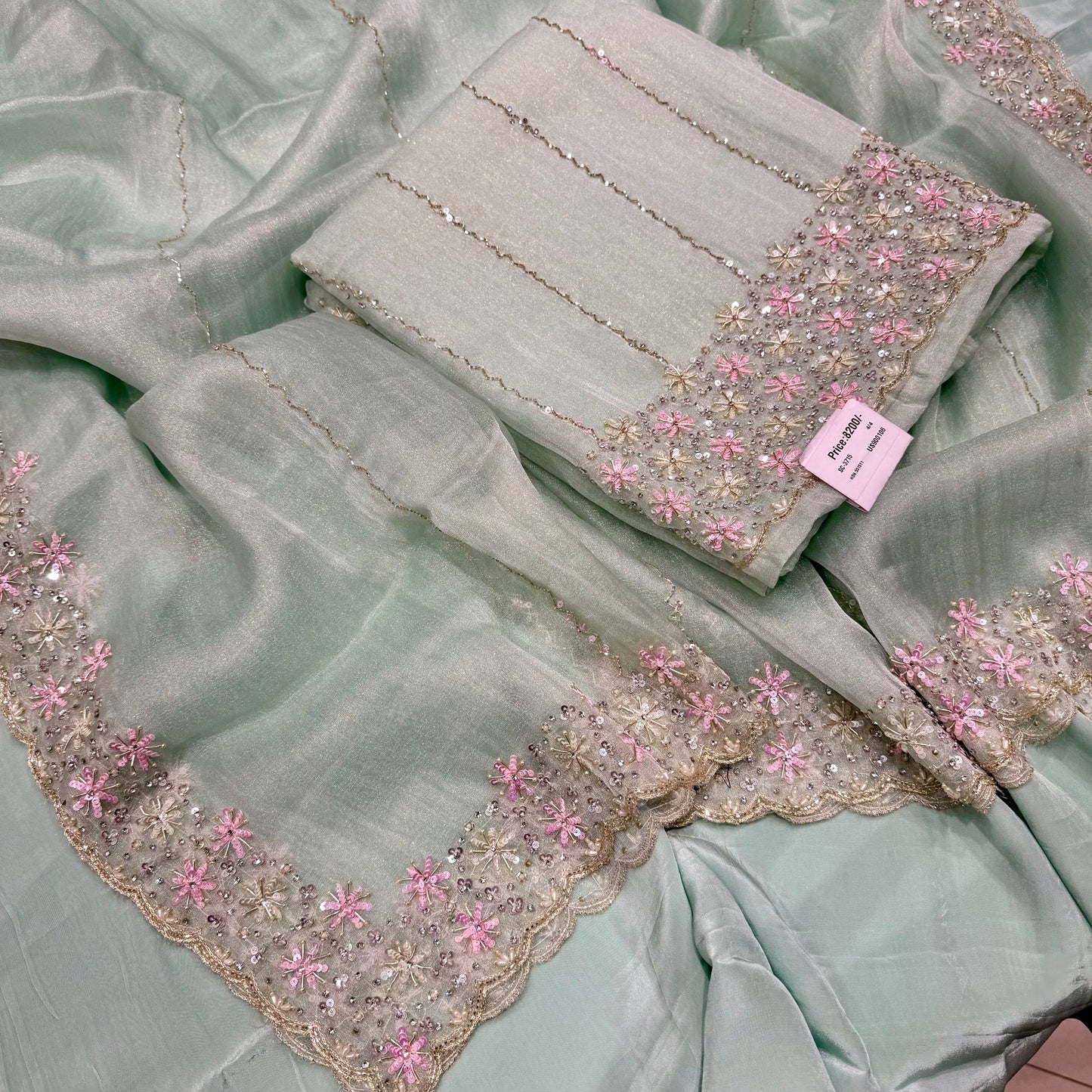 Light Green Handembroided four side border dupatta suit set