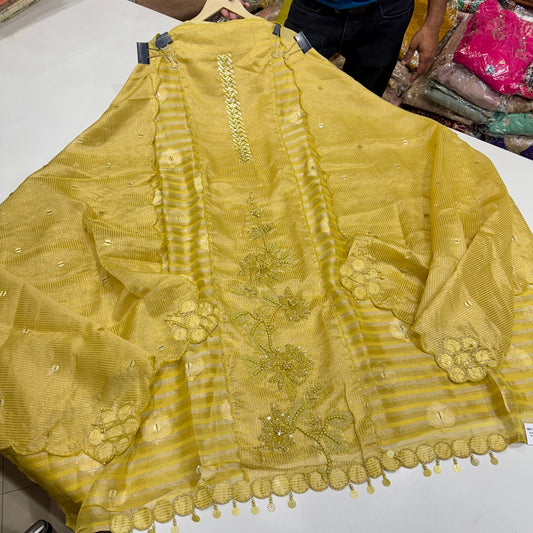 Elegant Lurex Tissue Unstitched Suit with Hand Embroidery & Silk Bottom