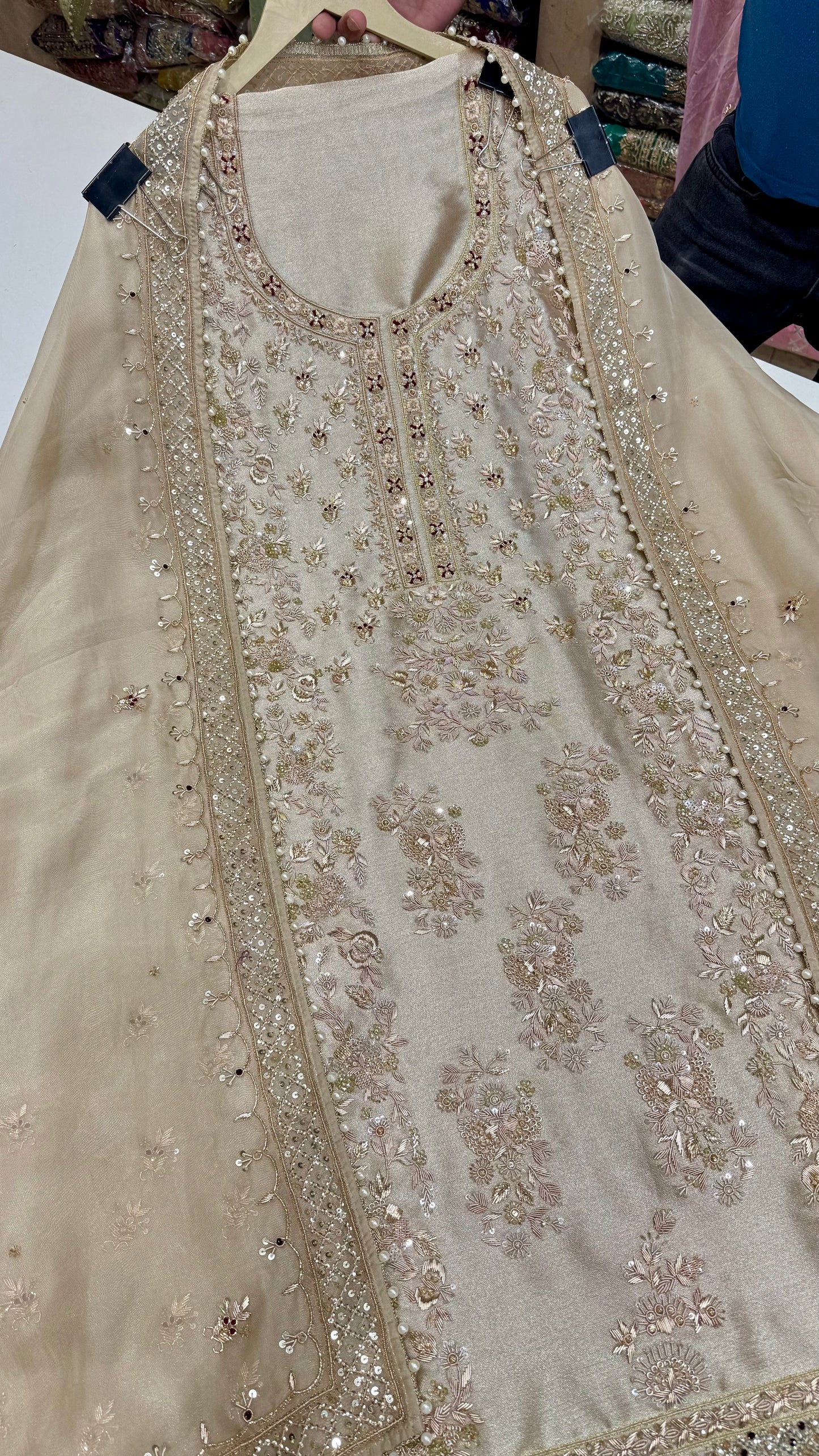 Pure Shimmer Tissue Unstitched Suit with Zardozi & Dabka Hand Embroidery