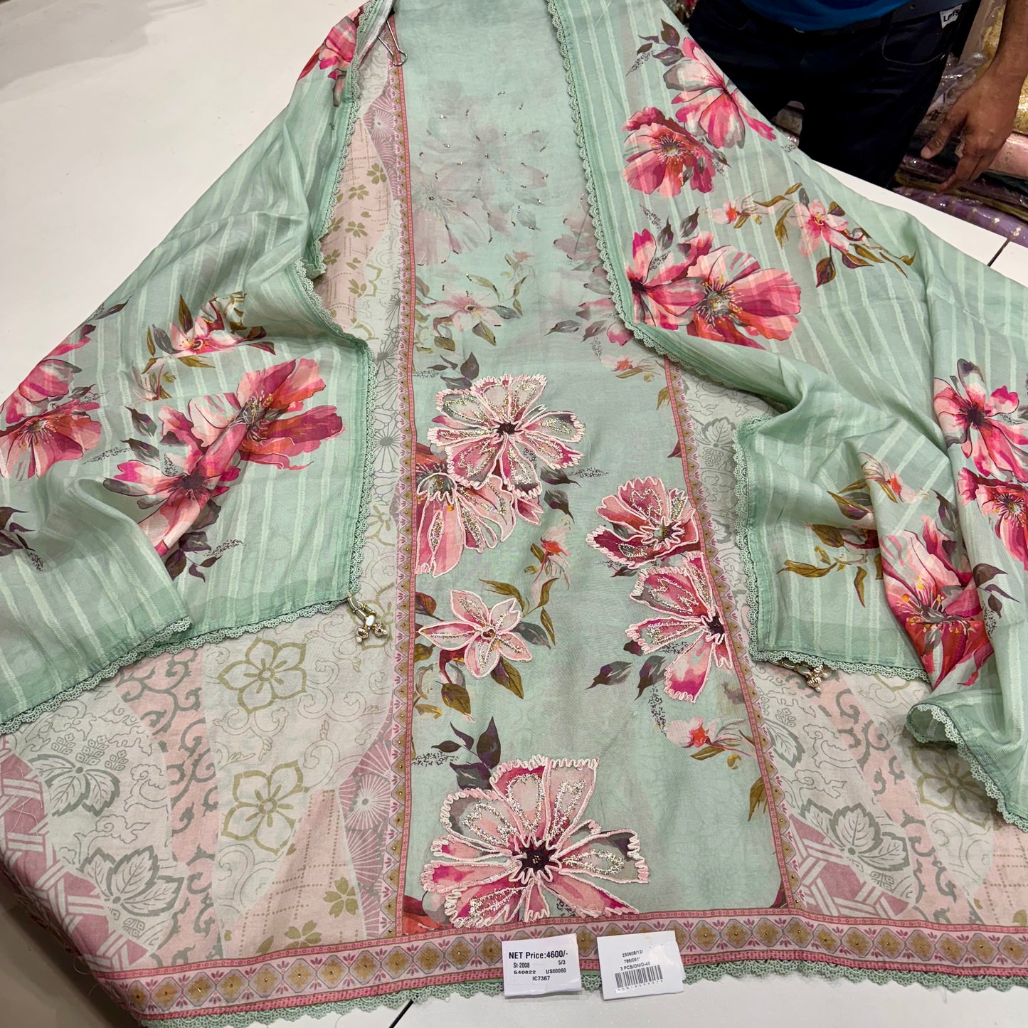 Trendy Pure Mul Mul Cotton Hand-Embroidered Suit with Digital Printed Dupatta & Cotton Bottom