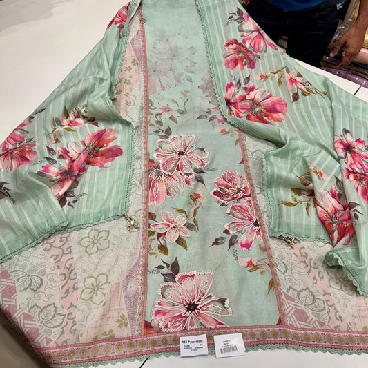 Trendy Pure Mul Mul Cotton Hand-Embroidered Suit with Digital Printed Dupatta & Cotton Bottom