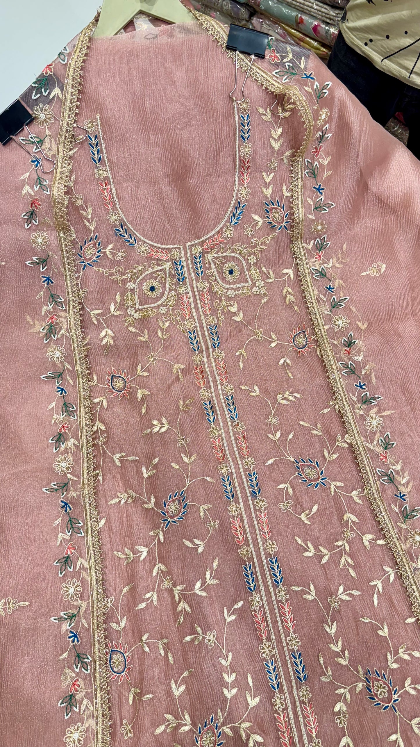 Unstitched Pure Crush Organza Zardozi Hand Embroidered Suit with Dupatta