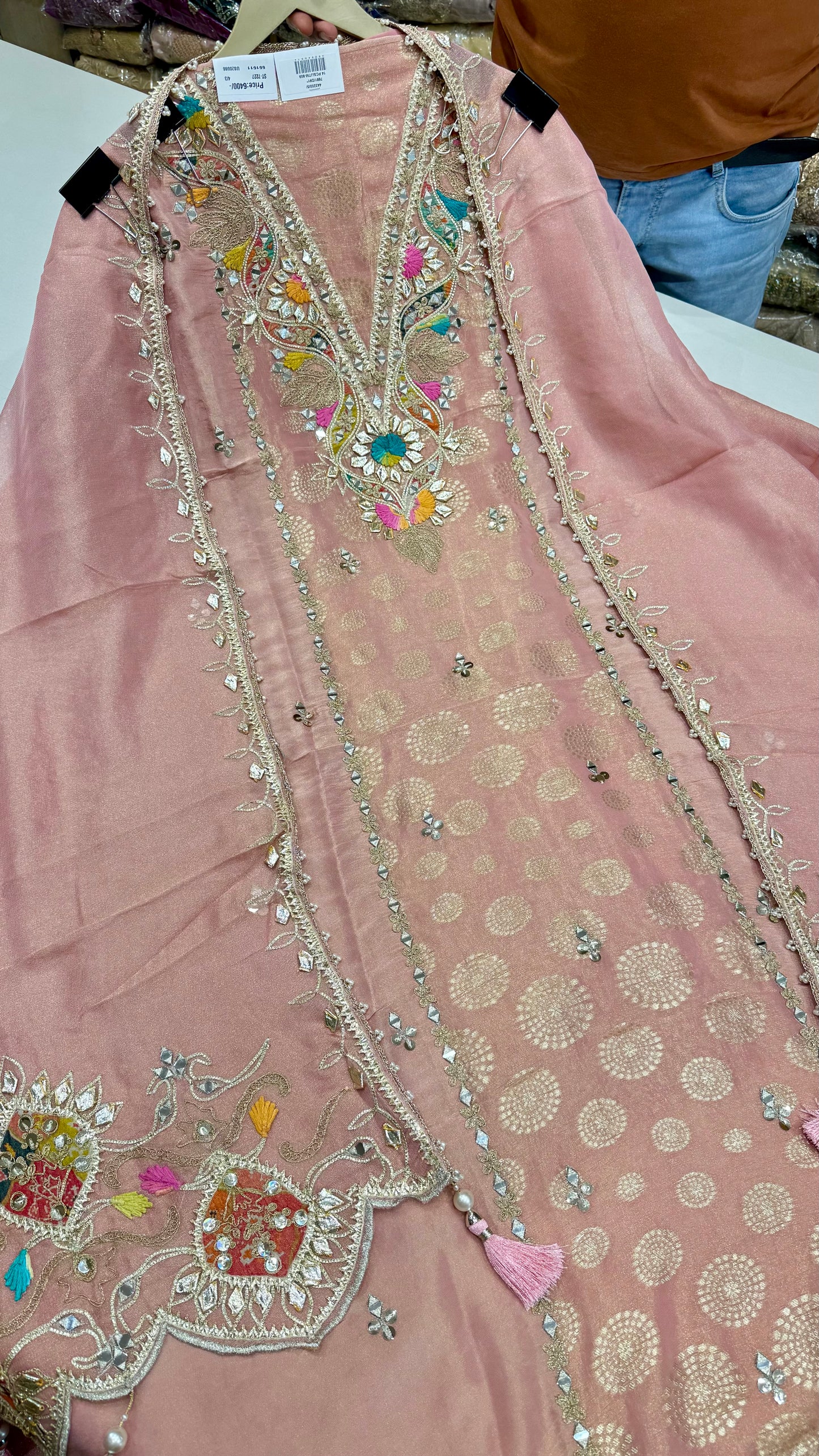 Elegant Pure Banarasi Tissue Unstitched Suit with Hand-Embroidered Gota Patti & Multithread Work