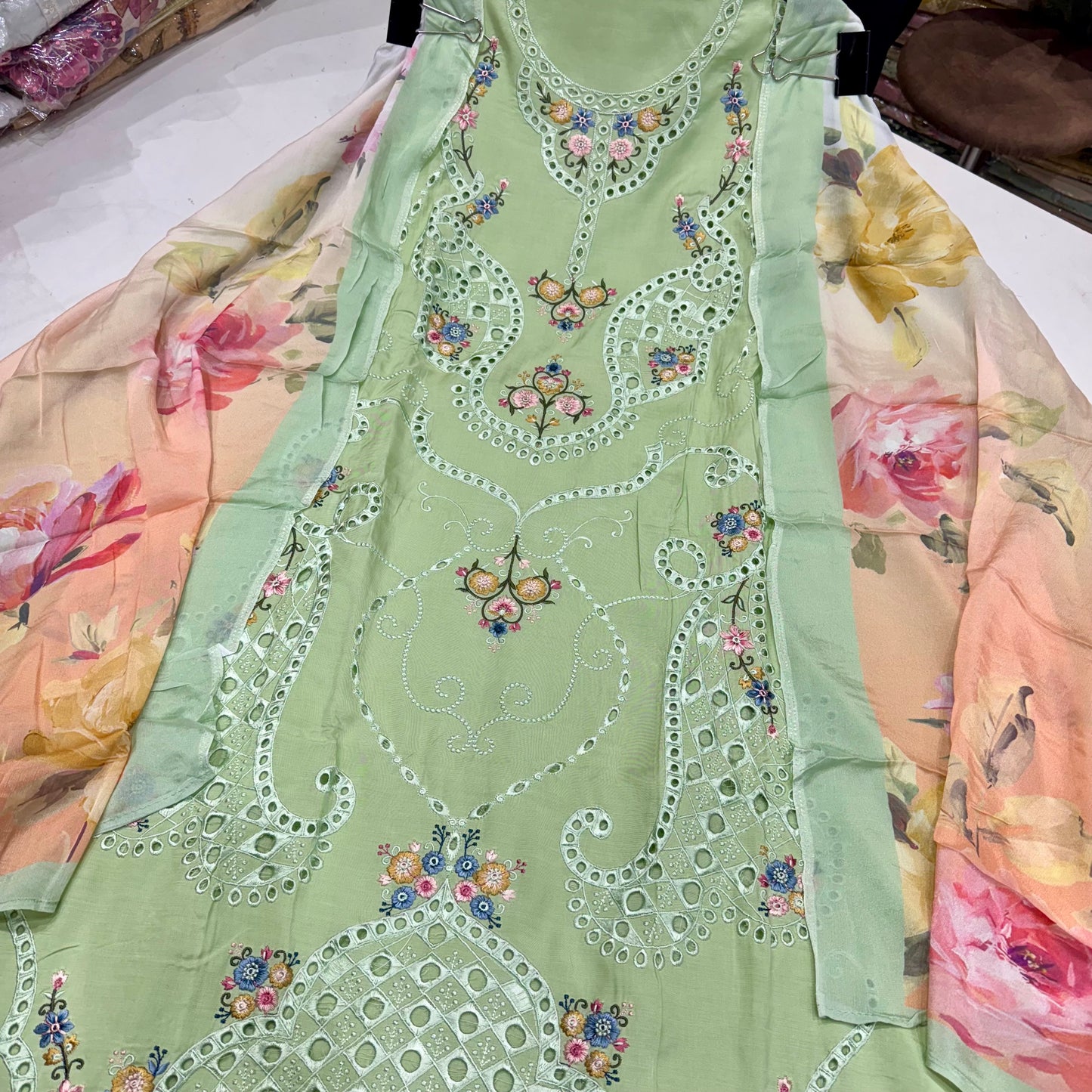 Muslin Pakistani Style thread and crochetwork suit set