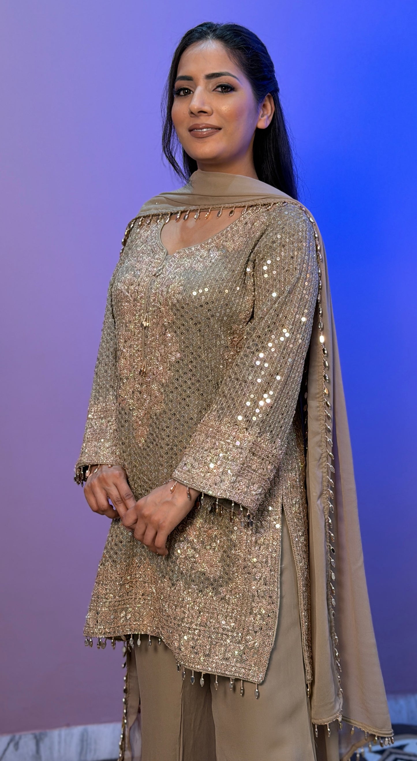 Champagne Gold Pure Georgette Designer Pants Suit with Latkan Dupatta