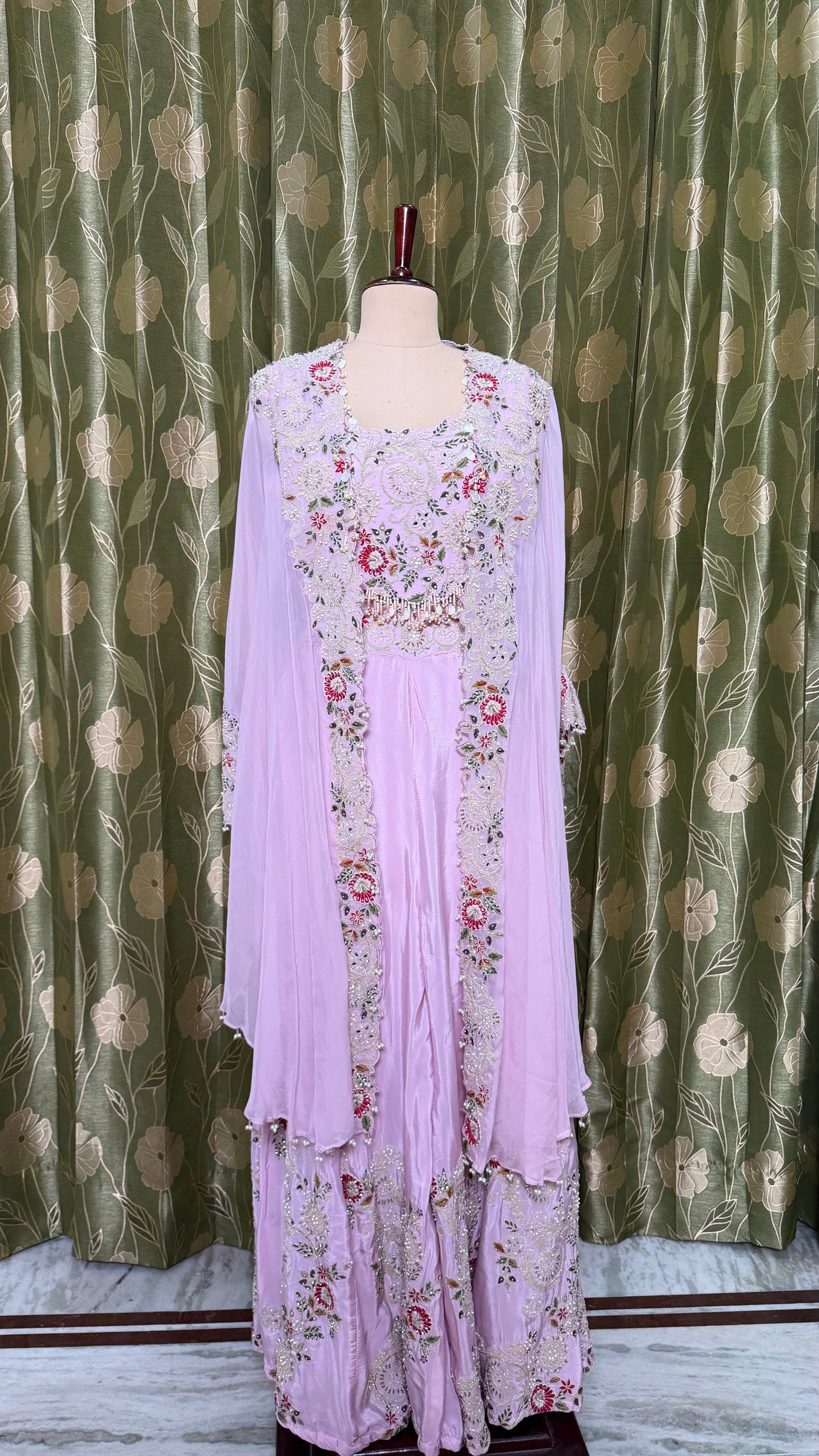 Soft Lilac Indo-Western 3-Piece Ensemble with Hand-Embroidered Blouse, Pure Crepe Sharara & Organza Kaftan Shrug