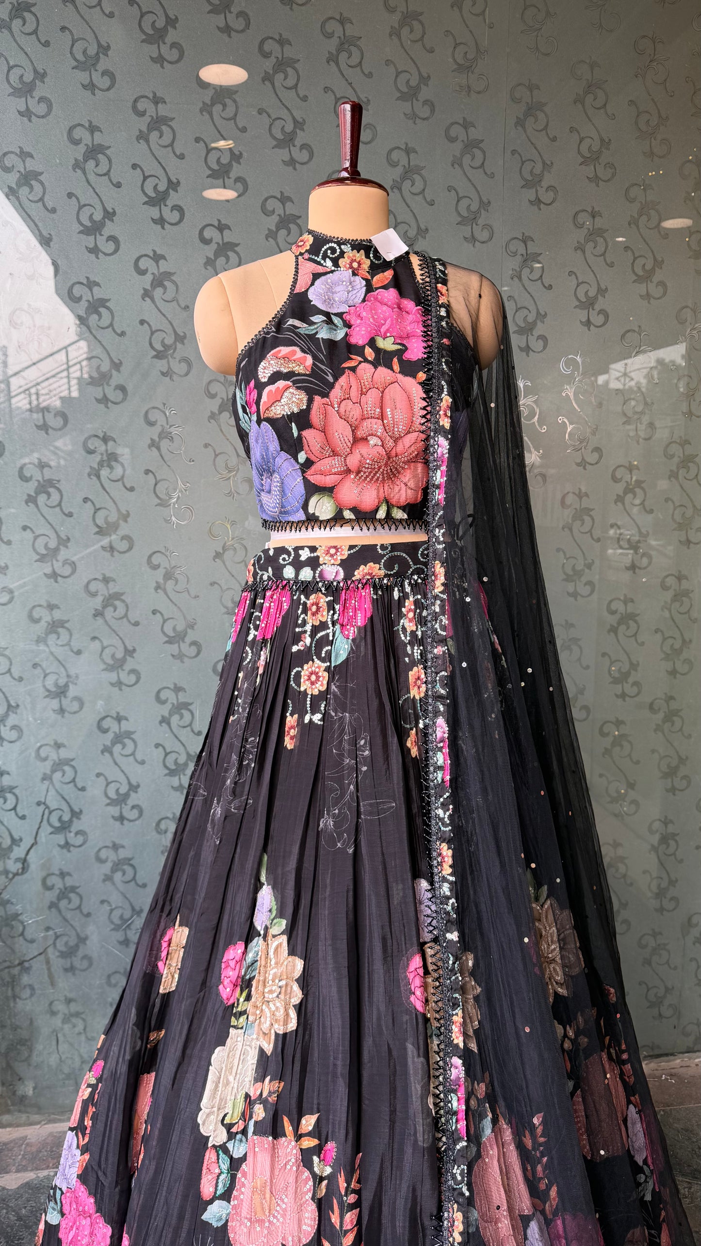 Black Digital Floral Pure Crepe Lehenga Choli with Sequins Highlighting & Net Dupatta – Free Size up to 42 Bust