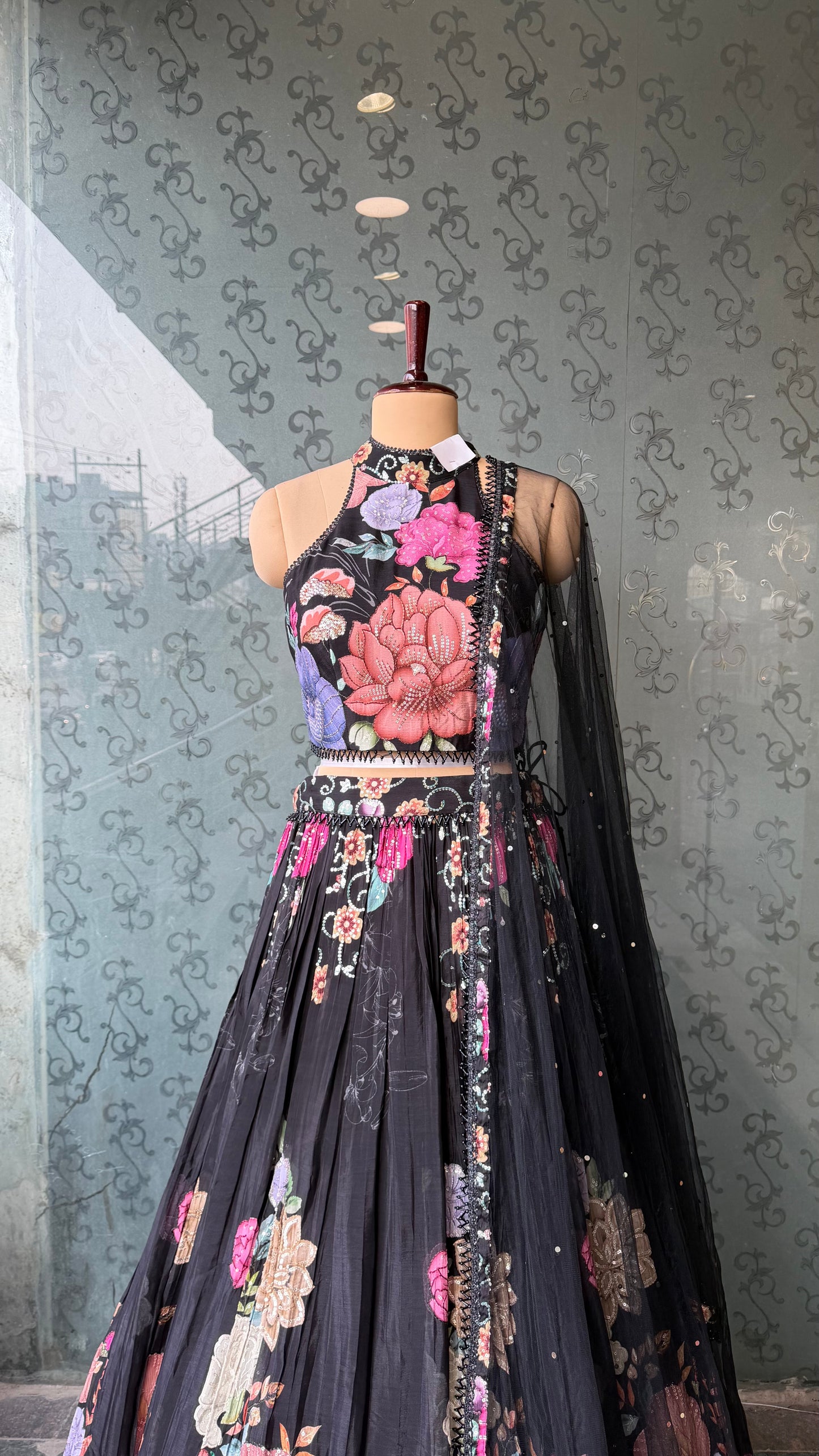 Black Digital Floral Pure Crepe Lehenga Choli with Sequins Highlighting & Net Dupatta – Free Size up to 42 Bust