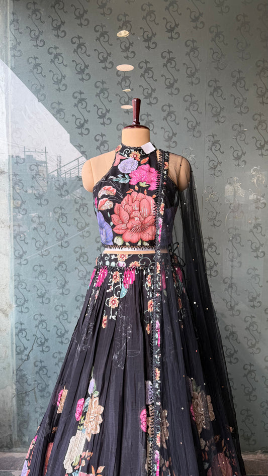 Black Digital Floral Pure Crepe Lehenga Choli with Sequins Highlighting & Net Dupatta – Free Size up to 42 Bust