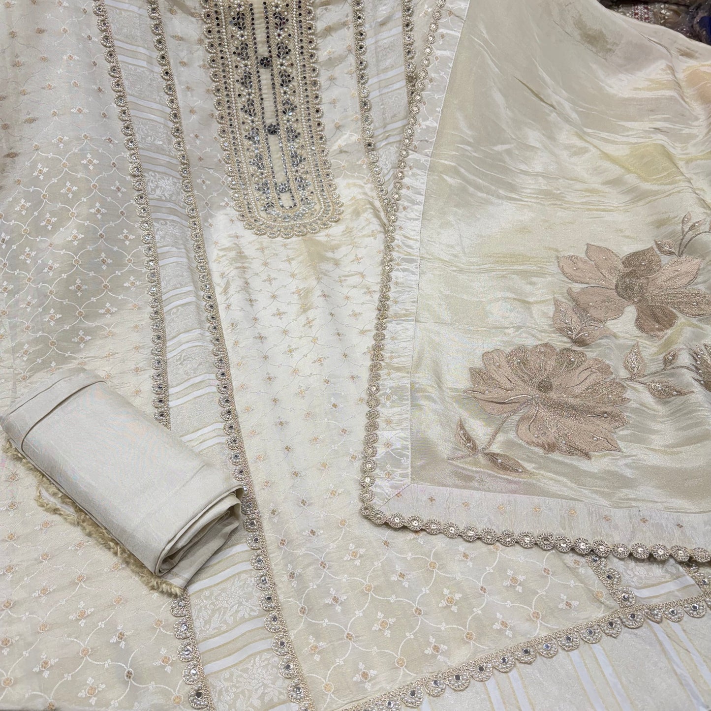 Ivory gold handloom tissue mirror and lace work suit set