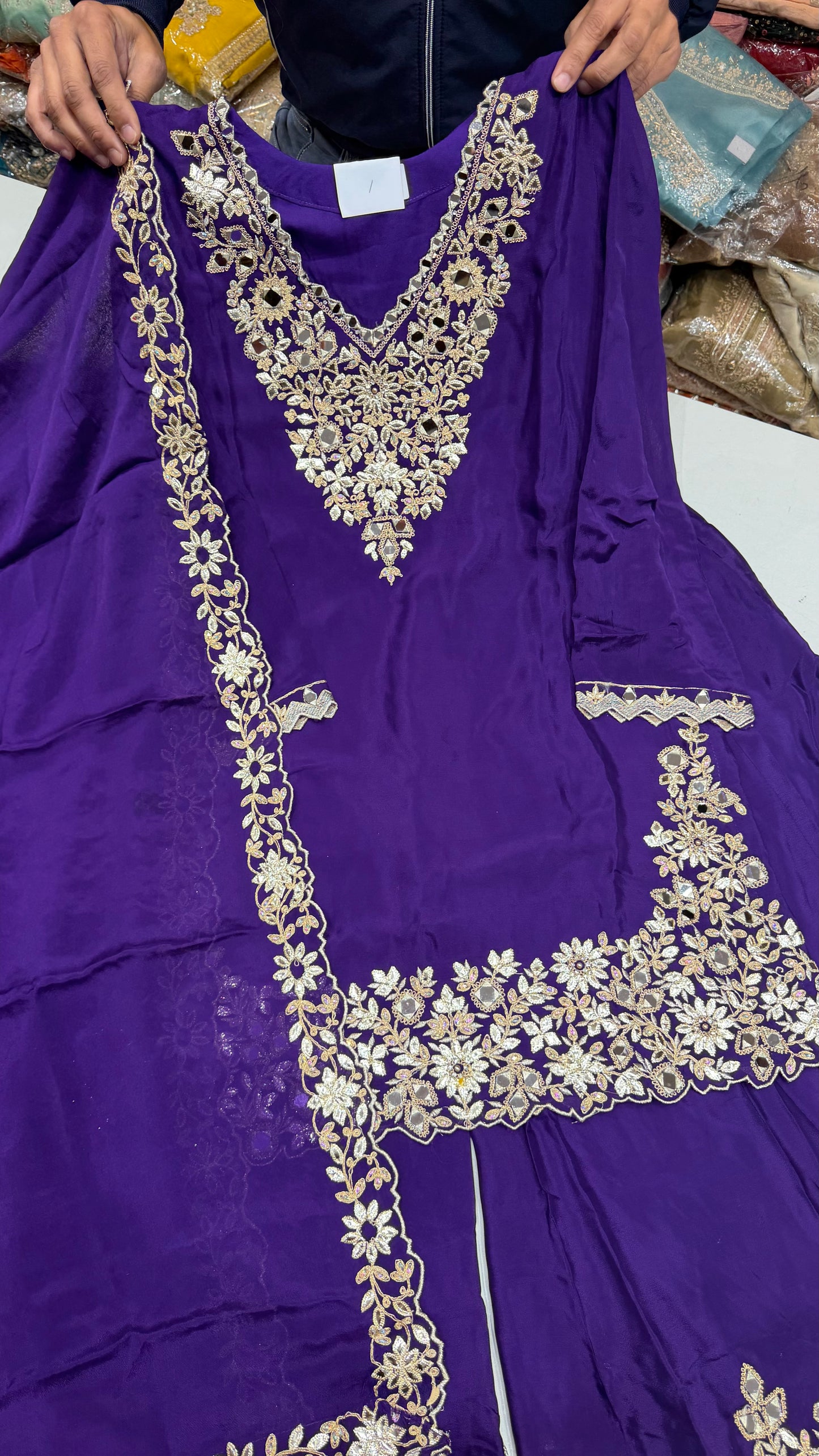 Readymade Chinon Crepe Gotta Patti & Mirror Work Sharara Suit – Free Size (Up to 42” Bust)