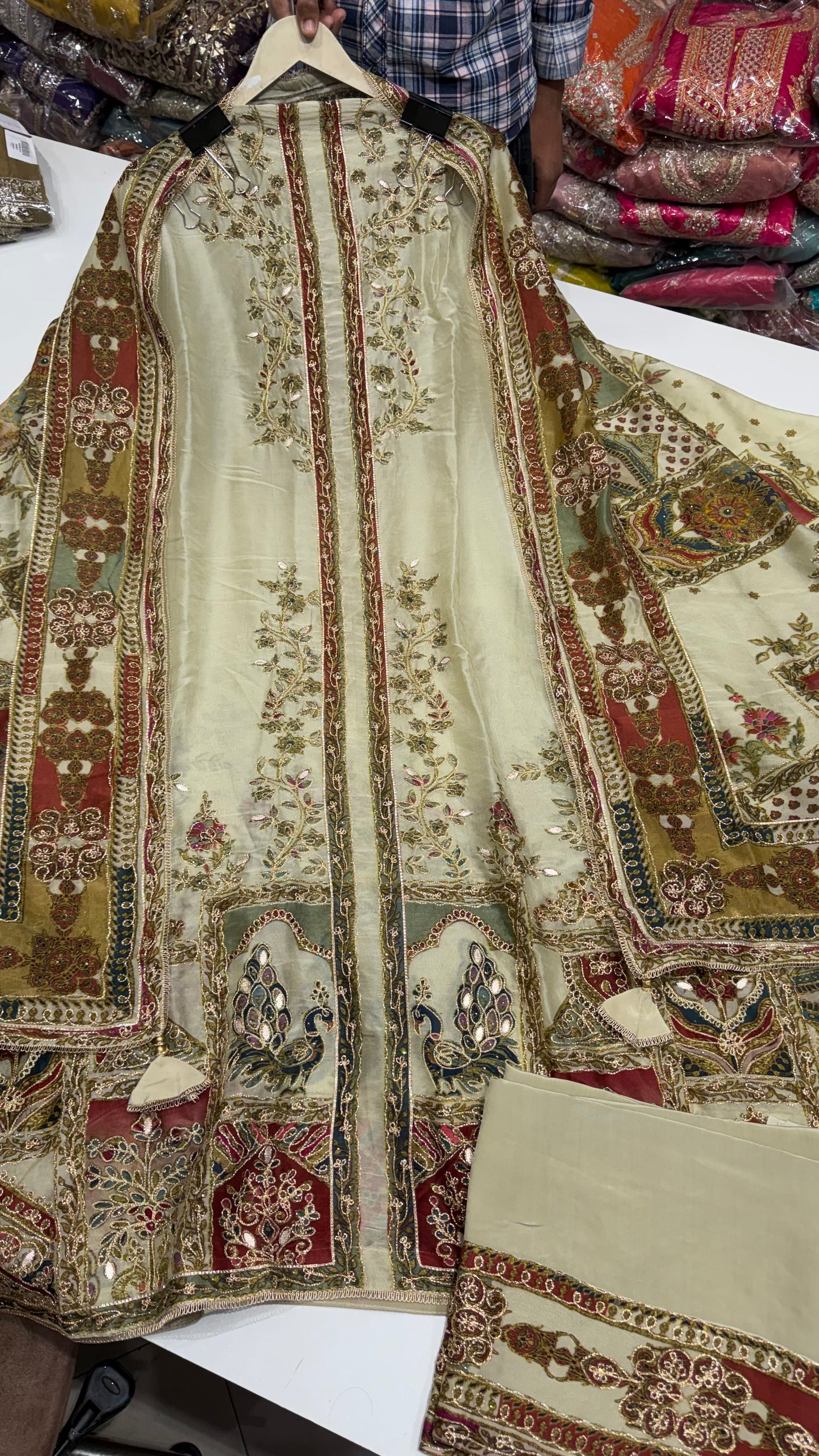 ✨ Sabyasachi Inspired Pure Organza Silk ivory Designer Unstitched Suit Set