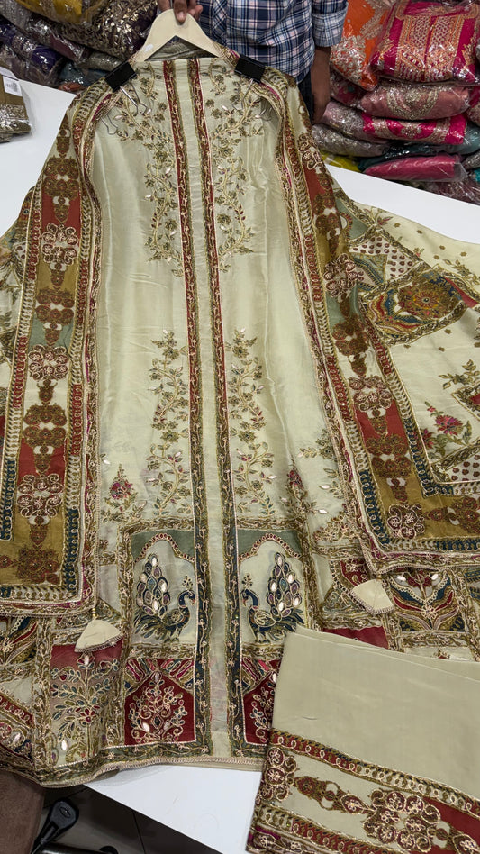 ✨ Sabyasachi Inspired Pure Organza Silk ivory Designer Unstitched Suit Set