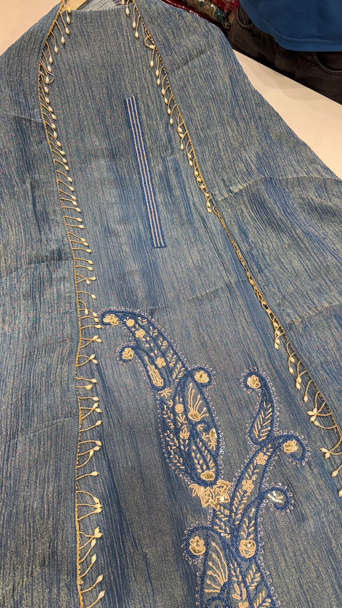 Designer Unstitched Pure Crush Tissue Suit with Hand Embroidery & Pearl Detailing
