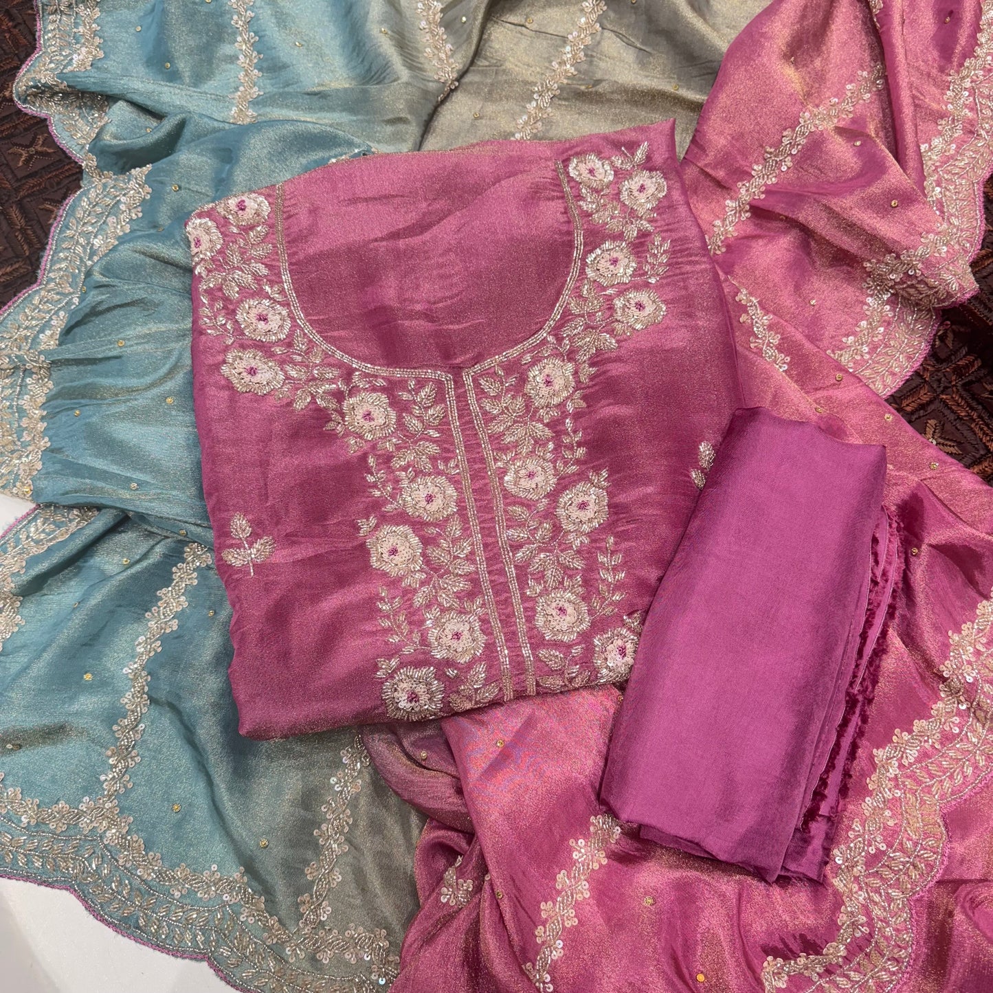 Move Tissue silk handwork heavy dupatta suit set